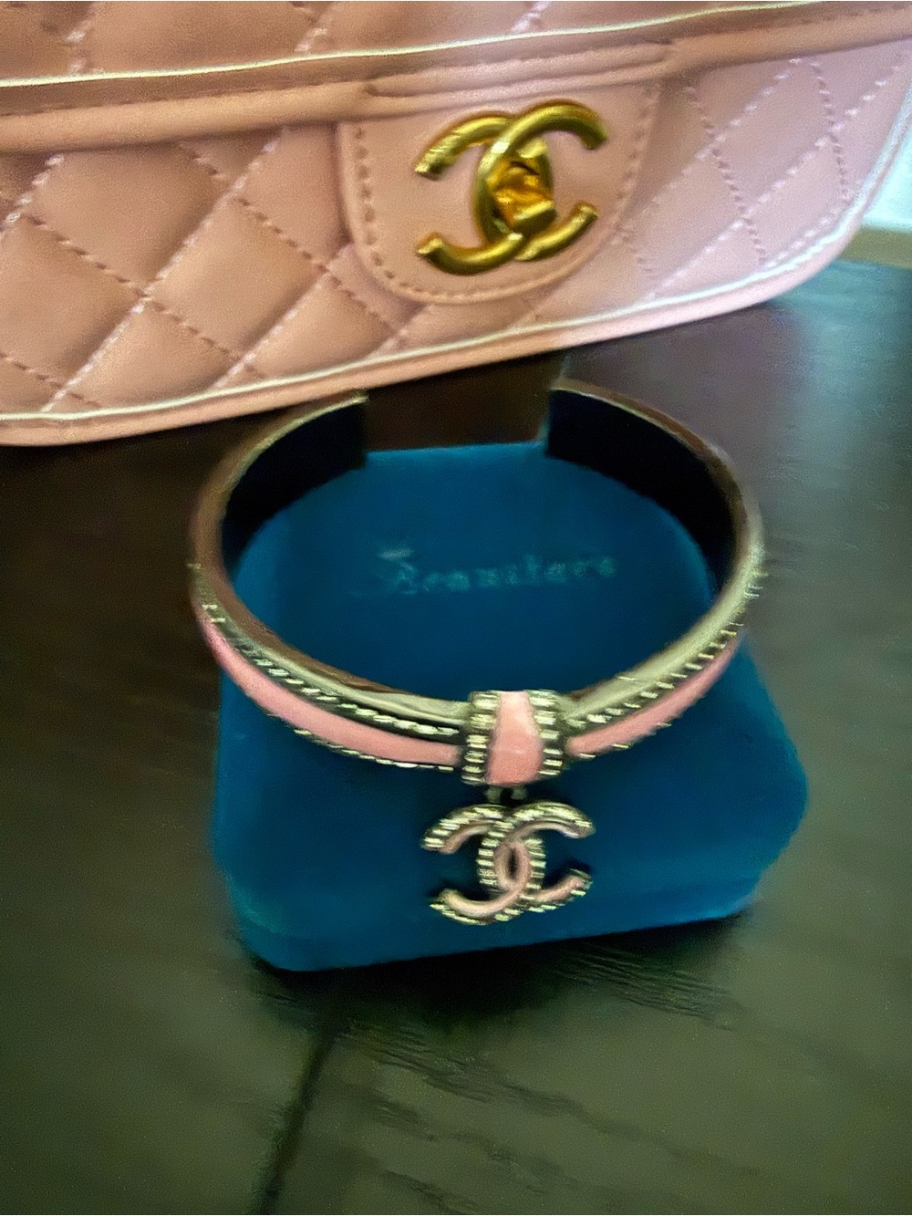 CHANEL Pink Bracelet with CC Logo and Rhinestones - Picture 2 of 4